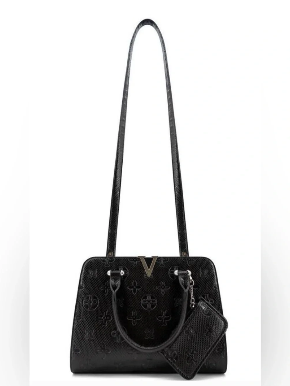 Crossi Like Dreams Elegant Black Embossed Satchel with Detachable Pouch